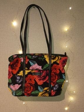 Vera Bradley Floral Quilted Tote in Black with Red, Yellow & Pink Blooms